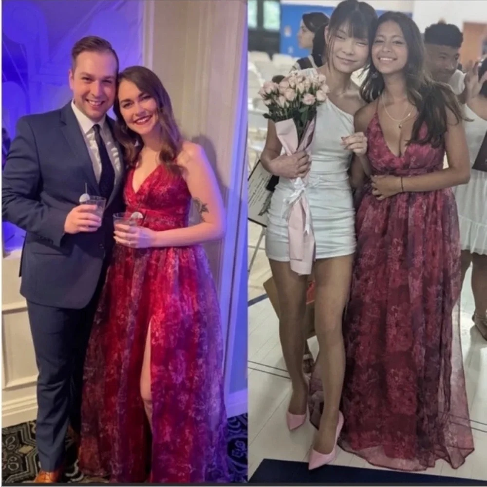 Red and Magenta Floral Backless Organza Maxi Dress 🌿 - Picture 8 of 11